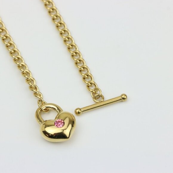 Chunky Gold Chain Necklace with Heart Pendant and Pink Stone, XPNL0372 - Picture 7 of 13